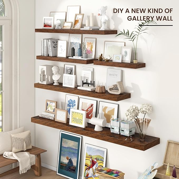 Floating Shelves for Wall 36"W x 7.8"D x 1.5"H, Engineered Wood Wall Shelves with Invisible Brackets for Living Room Bedroom Bathroom Office Kitchen Decor and Storage, Rustic Brown Finish, Set of 2