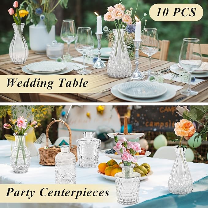 Bud Vases,IJRPLM Set of 10 Glass Bud Vases in Bulk,Small Vases for Centerpieces,Clear Vases Bulk Mini Vases for Flowers,Vintage Bud Vases for Home Table Flower Décor Rustic Wedding Decorations