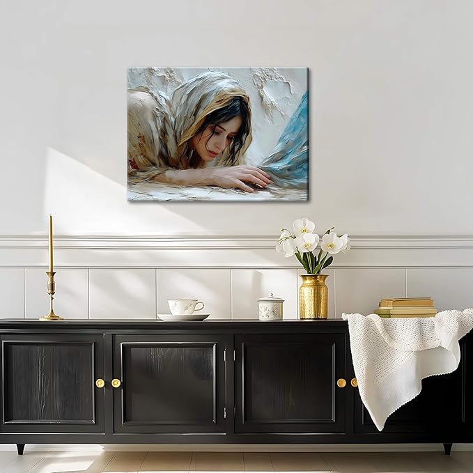 Christian Jesus Girl Canvas Wall Art, Jesus and Woman Wall Decor Paintings, Religion Bible Posters Prints Pictures Artwork for Church Living Room Bedroom Home Decor 16x24 Inch Framed