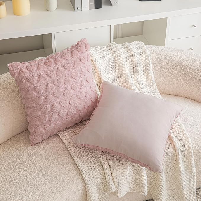 AQOTHES Set of 2 Heart Love Cute Dark Pink Decorative Valentines Throw Pillow Covers 20x20, Soft Plush Faux Fur Pillow Covers for Couch Sofa Home Valentines Day Decoration