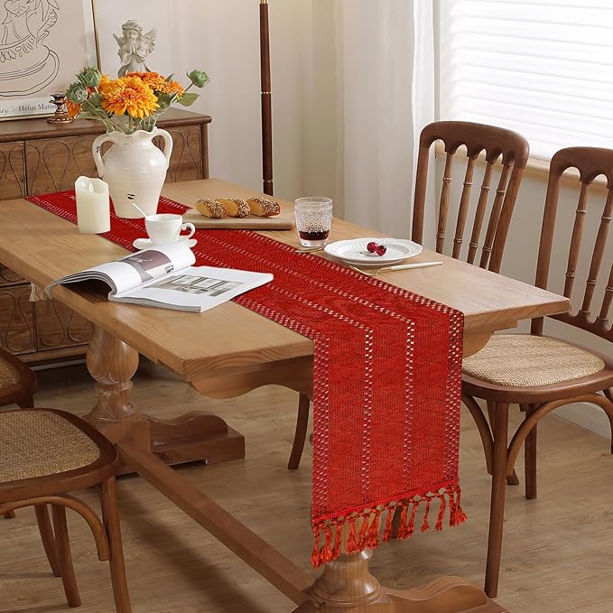 Niviy Christmas Table Runner for Red Tassel Home Decor 72 Inches Long, Winter Xmas Holiday Rustic Macrame Cotton Linen Woven Coffee Table Runners for Christmas Decorations Dining Table, Red