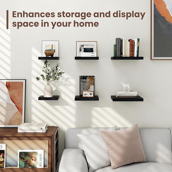 Fun Memories Floating Shelves for Wall - 9.3 Inch Square Shelves with Invisible Brackets, Black Small Wall Shelf for Living Room, Bathroom, Bedroom, and Kitchen Decor,Set of 4