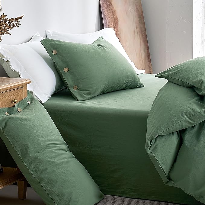 JELLYMONI 100% Washed Cotton Duvet Cover Twin – Soft, Breathable Linen-Look Bedding with Natural Wrinkle Texture, Button Closure, 2-Piece Set (Dusty Green, 68"x90")