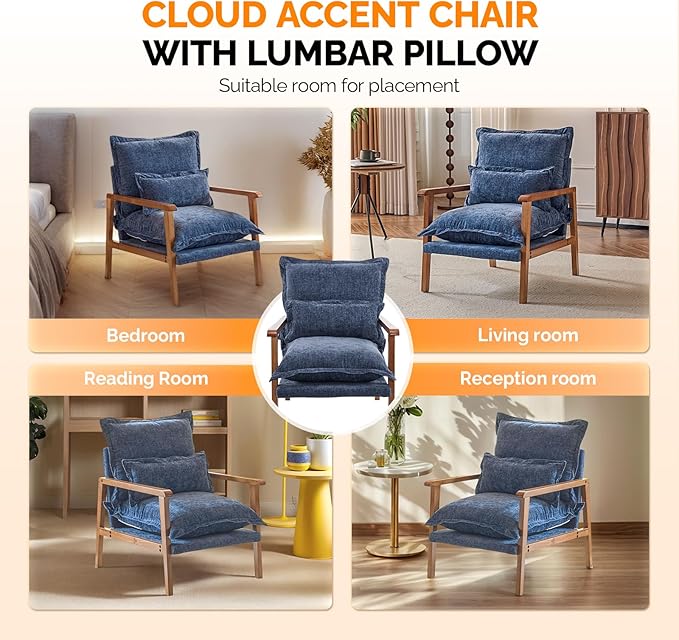 VINGLI Mid-Century Modern Cloud Accent Armchair with Lumbar Pillow, 6.3'' Thick Seat Cushion Comfy Reading Chair with Wooden Armrests,Boho Lounge Chair for Bedroom, Living Room, Chenille, Gray-Blue