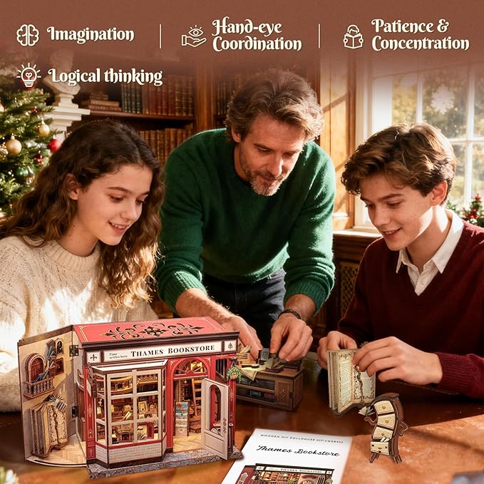 CUTEFUN DIY Book Nook Kit, 3D Puzzle Creative British Library Bookend Bookshelf Decor for Adults Teens, Magic Bookshop Miniature Kit with LED & Dust Cover, Gifts for Book Lovers (Thames Bookstore)