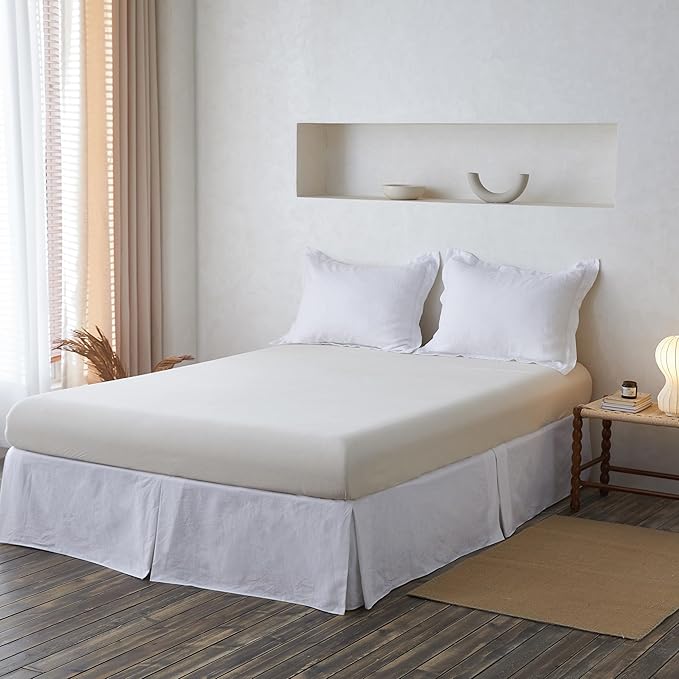 BISELINA French Linen Wrap Around Bed Skirt with Pleated Corner 18-Inch Tailored Drop Natural Flax Cotton Blend Basic Soft Cozy (18" Queen, White)