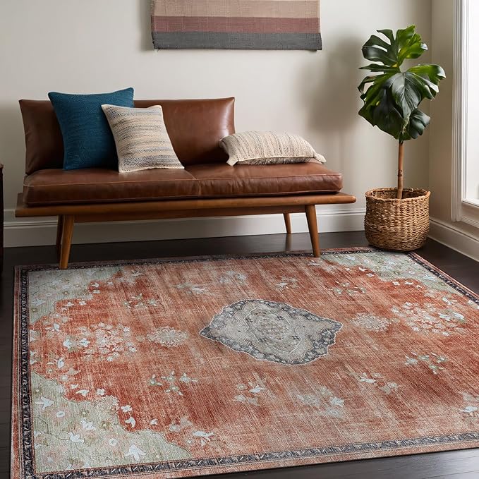 Beverly Rug Non Slip Rugs 5x7 Boho Medallion Floral Non Skid Rubber Backing Easy Silk Soft Area Rug for Living Room Easy to Clean Non Shedding Kitchen Bedroom Indoor Carpet (5 x 7 Orange - Cream)