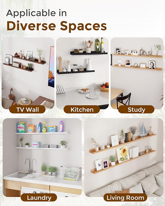 Axeman Oak Picture Ledge Shelf, 48 Inch Floating Shelves Set of 2, Solid Oak Wood Wall Shelves with Lip, Wall Decor Storage for Bedroom Living Room Bathroom Kitchen Nursery Photo Picture, White