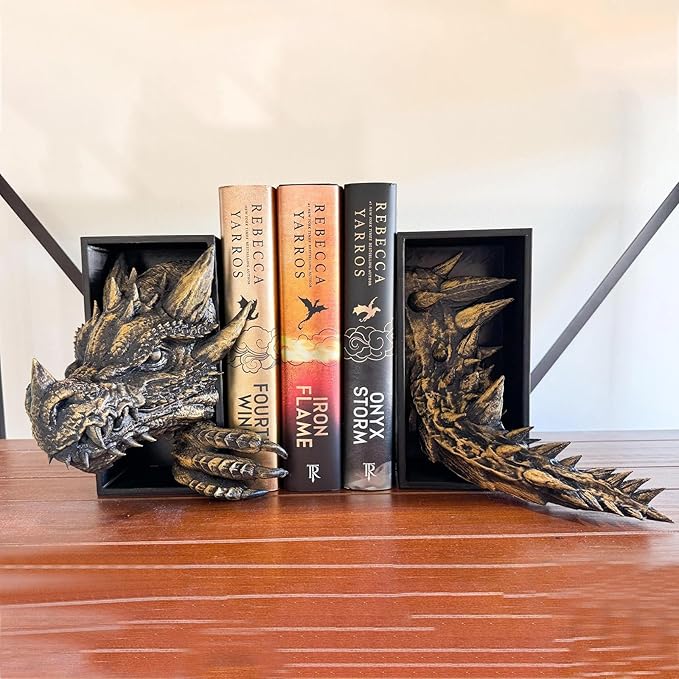 Dragon Bookshelf Decor Gothic Fantasy Bookends Black Animal Statues for Shelves Book Lovers Gifts Unique Resin Shelf Holder Set (10"*6.1"*4.9") Home Office Decorative (Antique Gold)