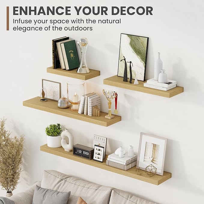 24 Inch Floating Shelves, 8 Inch Deep Floating Shelves for Wall, Hanging Shelf with Invisible Brackets, Deep Shelves for Bathroom, Bedroom, Living Room, Oak, Set of 2