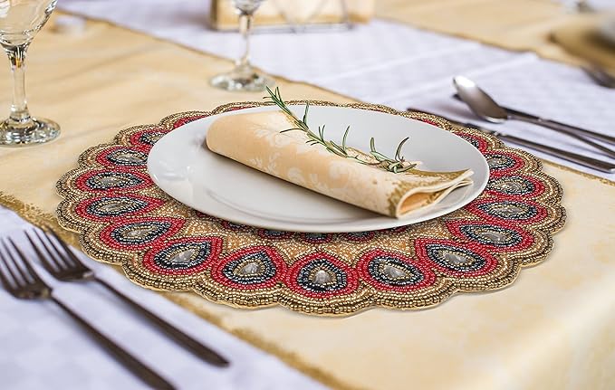 Scalop Floral Beaded Charger & Placemats - 13" Round, Gold, Red, Grey - Holiday & Christmas