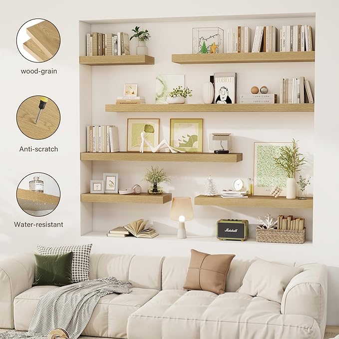 40 Inch Floating Shelves, 12" Deep Floating Shelf Wall Mounted, 40" Wall Shelves, Rustic Deep Bookshelf, Extra Deeper & Thicker Display Shelves for Bedroom, Living Room, Oak, Set of 2