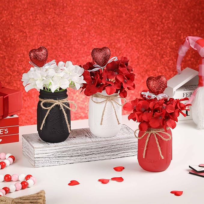 Valentines Table Decor, Valentines Mason Jar Centerpiece for Table with Wood Tray, Black Painted Decorative Mason Jars for Valentine‘s Decorations Kitchen Decor, Mothers Day Gift for Women