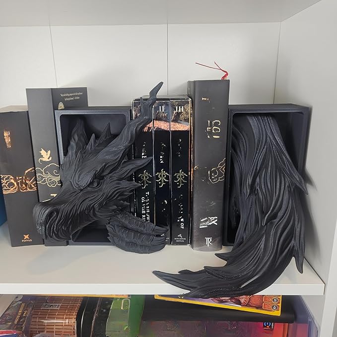 Dragons Awakening Book End – Fantasy Book Nook Insert for Dragon Readers – Unique Home Decor for Bookshelves & Libraries (Head and Tail - Shadow Dragon)