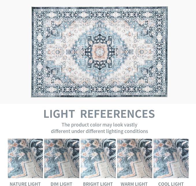 Dotiiorug Washable 8×10 Area Rug for Living Room, Vintage Floral Rug Soft Non Slip Stain Resistant Boho Carpet for Indoor Bedroom Dinning Room Home Office Blue/Ivory