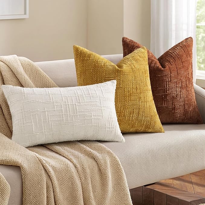 decorUhome Mustard Yellow Chenille Throw Pillow Covers 12x20 Set of 2 Textured Slubby Couch Pillow Covers Farmhouse Accent Modern Neutral Decorative Pillow Cases for Bed Sofa Living Room