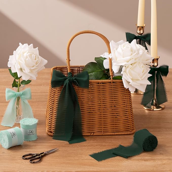 DORIS HOME Mint Green Chiffon Ribbon for Flower Bouquet, 2" x21Yd Fabric Ribbon for Gift Wrapping, Handmade Frayed Ribbon for Wedding, Chiffon Silk Ribbon for Christmas Decorations