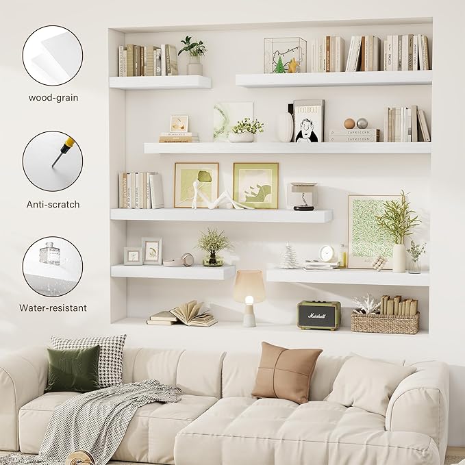 36 Inch Floating Shelves, 12" Deep Floating Shelf Wall Mounted, 36" Wall Shelves, Rustic Deep Bookshelf, Extra Deeper & Thicker Display Shelves for Bedroom, Living Room, White, Set of 2