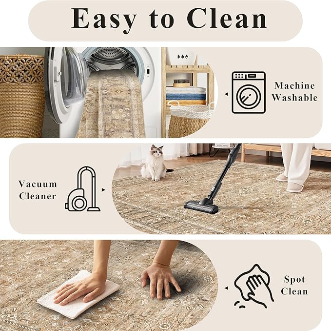 2.6x8 Runner Rug for Hallways Vintage Distressed Non Slip Long Carpet Floral Boho Distress Print Pattern Mat Lightweight Retro Accent Throw Carpet for Kitchen Bedroom Bedside Laundry Room-Khaki