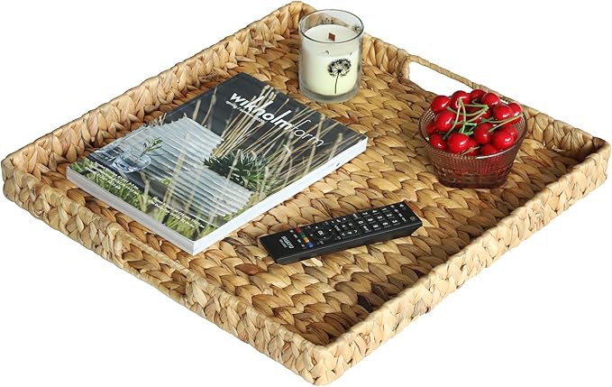 Extra Large Square Ottoman Table Tray 19.7" with Handles - Handmade Wicker Serving Hand Woven Tray for Farmhouse Decorative Oversized Coffee Table Trays Living Room Kitchen Counter Breakfast