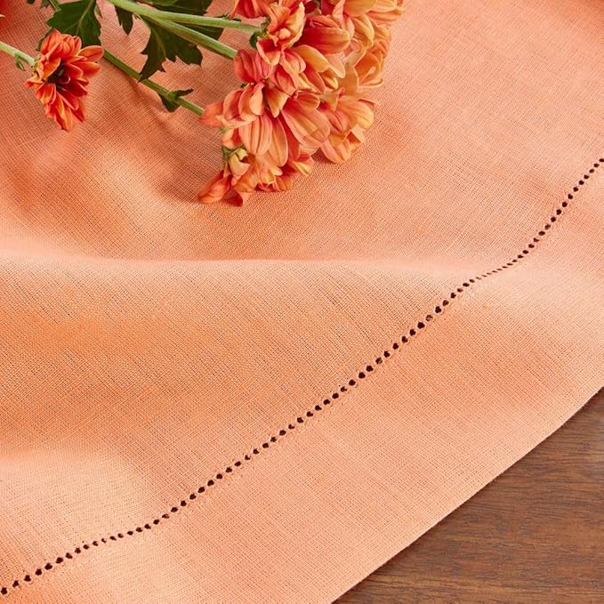 Solino Home Linen Cloth Placemats Set of 4-100% Pure Linen Hemstitch Coral Placemats 14 x 19 Inch - Classic Hemstitch Table Place Mats for Valentines, Spring, Easter