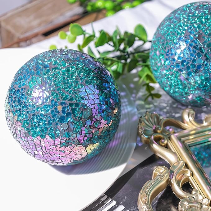 DomeStar 3PCS Decorative Balls for Bowls, 4 Inch Turquoise Orbs Glass Balls for Centerpiece Bowls Mosaic Sphere for Home Decoration Dining Table