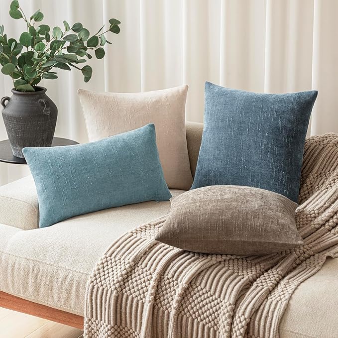 Foindtower Pack of 2 Soft Textured Chenille Throw Decorative Pillow Covers Square Accent Solid Cushion Cover Neutral Lumbar Pillow Case for Couch Sofa Bedroom Living Room 12x20 Inch,Light Blue