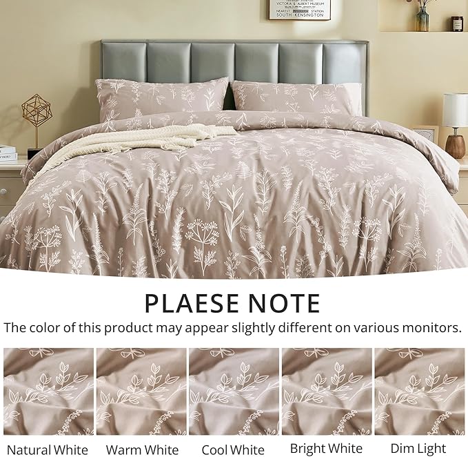 MUXHOMO Duvet Cover Queen Size, Reversible Floral Taupe Duvet Cover Set with Zipper Closure, 3 Pieces Botanical Patterns Soft Microfiber Bedding Set with 4 Ties (90"x90", 2 Pillow Cases)