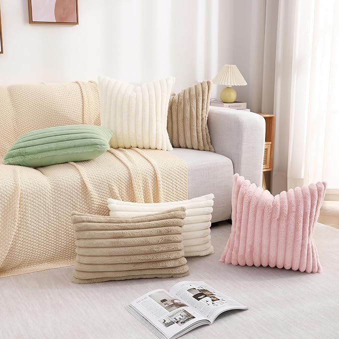 decorUhome Faux Fur Spring Throw Pillow Covers 12x20 Set of 2, Decorative Soft Plush Striped Lumbar Neutral Couch Pillow Covers with Velvet Back for Sofa, Bed, Living Room Home, Khaki Brown