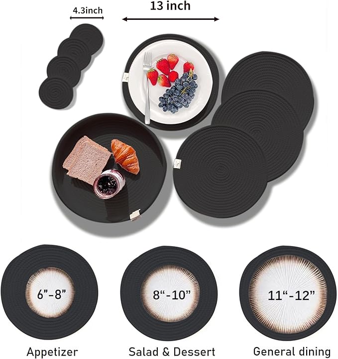 Art PineCone's Woven Cotton Rope Round Placemats Set of 4 with Holder Included, Non-Slip, and Heat Resistant Shabby Chic Placemats (Black, 13 inch Plus Coaster)