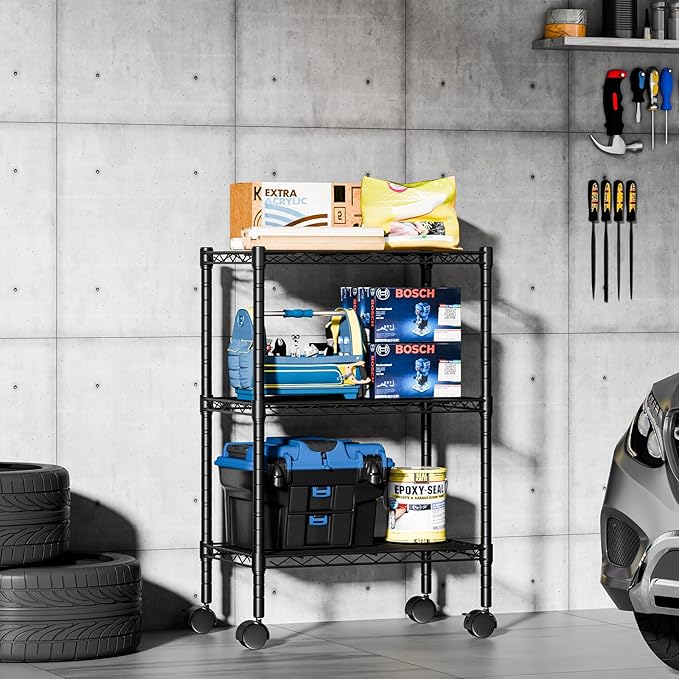DUMOS 3 Tier Metal Shelving, Heavy Duty Shelves Wire Shelving Unit with Removable Wheel Casters, Shelves Organizer for Bathroom Garage Living Room Kitchen Pantry Laundry
