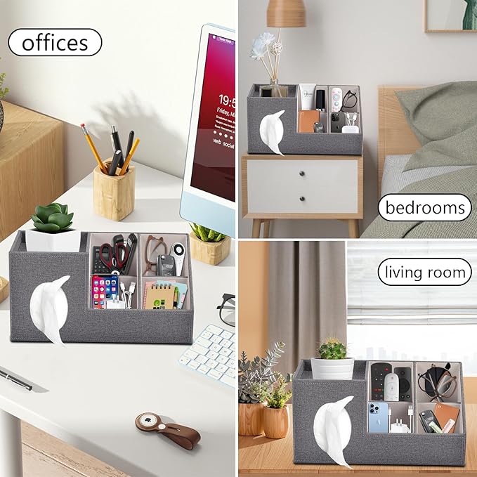 Plus Size Tissue Box Cover-Square Linen Tissue Cover with Side Storage and Tray,Modern Makeup Organizer,Leather Tissue Holder Decorative Cube Organizer for Living Room Vanity NightStand Office,Grey