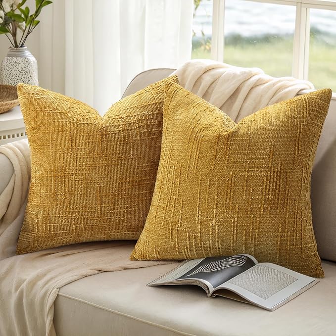 decorUhome Mustard Yellow Chenille Euro Sham Throw Pillow Covers 22x22 Set of 2 Textured Slubby Couch Pillow Covers Farmhouse Accent Modern Neutral Decorative Pillow Cases for Bed Sofa Living Room