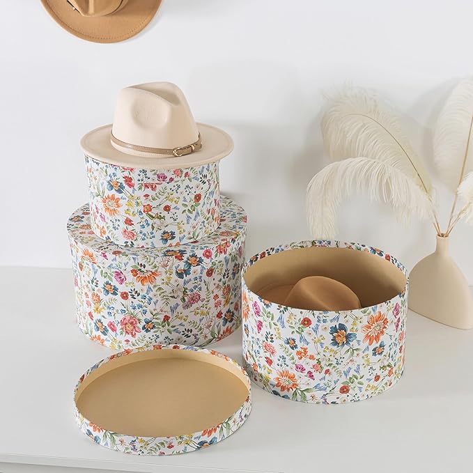 Soul & Lane Botanica Bliss Round Hat Boxes with Lids - Set of 3 Nesting Cardboard Hat Storage, Boho Floral Print Cases, Circle Stacking Decorative Keepsake Boxes