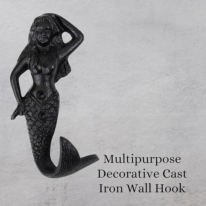 Set of 2 Cast Iron Mermaid Coat Hooks Wall Art Decor-Mermaid Hangers and Key Holder-Clothes Rack and Backpack Hanger-Coat Hooks Home Decor for Storage, Living Room, Hallway, Office (Black)