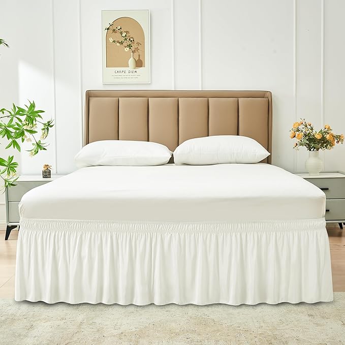 Biscaynebay Wrap Around Bed Skirts for King & Cal King Beds 15" Drop, Ivory Adjustable Elastic Dust Ruffles Easy Fit Wrinkle & Fade Resistant Silky Luxurious Fabric Machine Washable