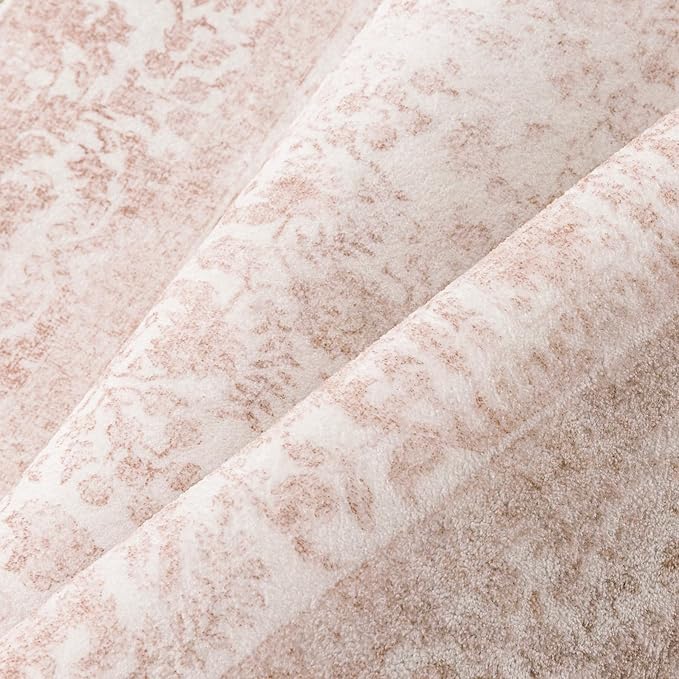 PureCozy Pink Area Rug 5x7 Machine Washable Vintage Living Room Distressed Non Slip Carpet Traditional Indoor Bedroom Retro Floral Accent Throw Large Rug Office Kitchen Bathroom Dining Room