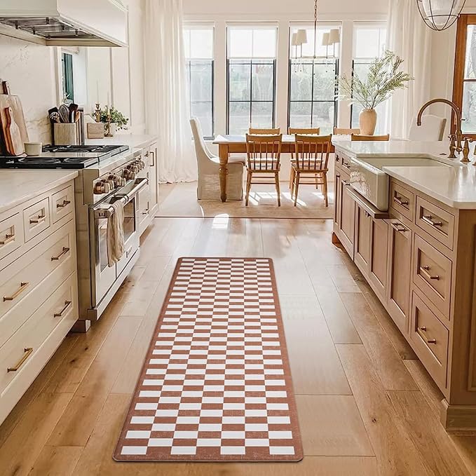 FRESHMINT Vintage Checkerboard Anti-Fatigue Mat Set of 2, Cushioned Foam Comfort Mats for Floor, Waterproof Non Slip Kitchen Rug, Modern Decor, Sink, Terracotta