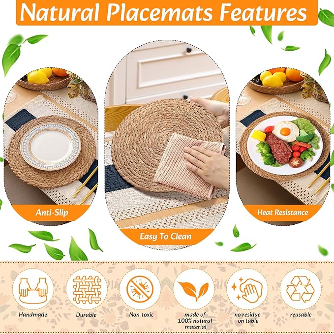 4 Sets Boho Placemats Round Woven Placemats, Cloth Napkins, Wood Bead Napkin Rings, Long Table Runner and Farmhouse Rustic Natural Burlap Cotton for Kitchen Dining Table Home (Blue)