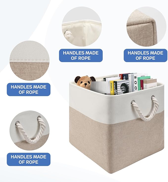 Collapsible Storage Bins, 4 Pack 13 x 13 Inch Fabric Cube Baskets with Cotton Rope Handles for Organizing Clothes, Toys, Books, Office, Closet – Foldable Storage Baskets for Home (White Beige)