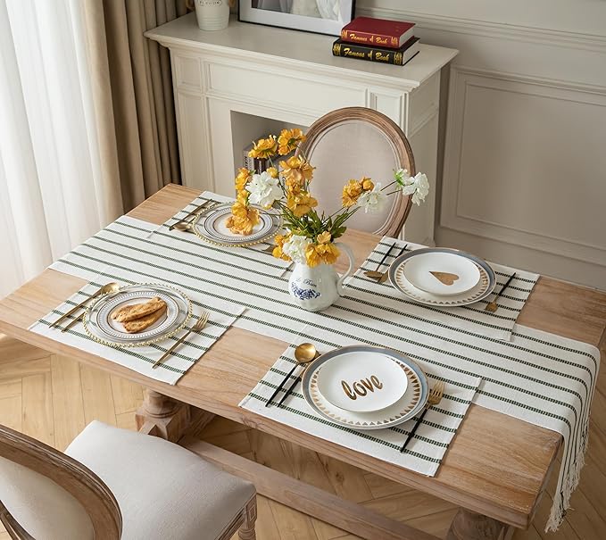 Caflife Boho Farmhouse Placemats Set of 4, Green Beige Stripes Cotton Linen Woven Table Mats for Modern Dining Table, 13x19 Inch Rustic Kitchen Decor Place Mats