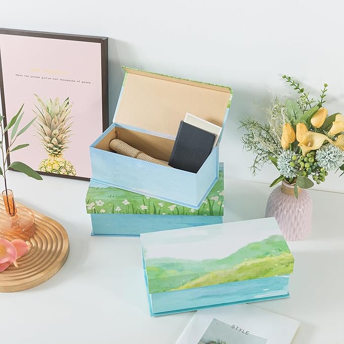 Soul & Lane Watercolor Decorative Storage Boxes with Lids - Set of 3 - Lakeside Meadow Whisper: Floral Memory Keepsake Boxes with Magnetic Closure, Cardboard Storage for Photos, Organizing, Gifts