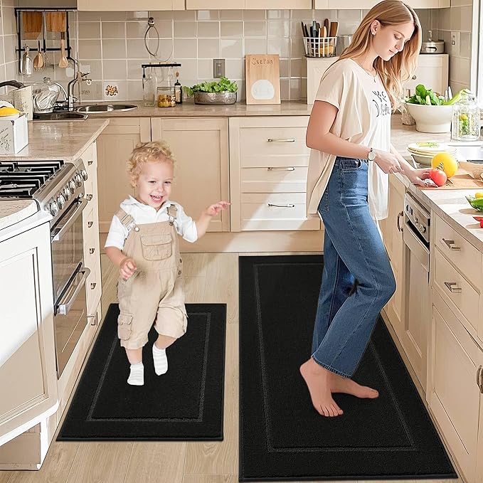 JSEI Non-Slip Kitchen Mats, Self Adhesive No Sliding Kitchen Rugs Set of 2, Washable Absorbent Floor Mat for Kitchen, Bathroom, Laundry Room, Bedroom, 24”x36”+24”x60”, Black, Rectangular Pattern