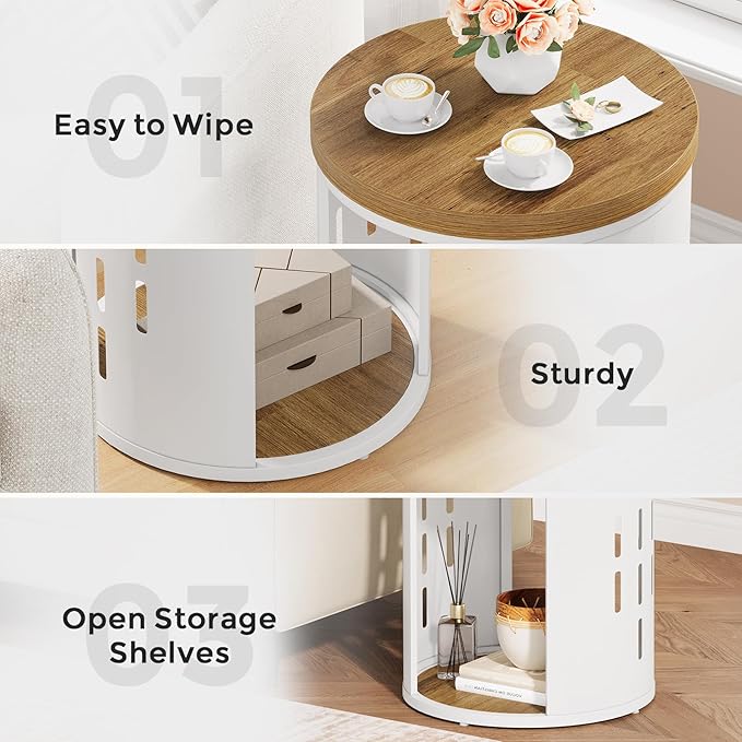 Rustic Round End Table, 2-Tier Side Table with Storage Shelf, Small Nightstand for Living Room and Small Spaces, White Metal Frame (Light Brown, Set of 1)