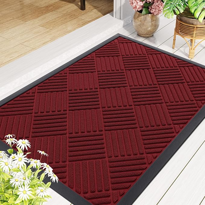 Smiry Front Door Mat Outside Entrance, Heavy Duty Outdoor Indoor Mat, Natural Rubber Doormat, Non Slip, Trap Dirt and Moisture, Easy Clean, Low Profile Patio Porch Entryway Mat, 47x32, Wine Red
