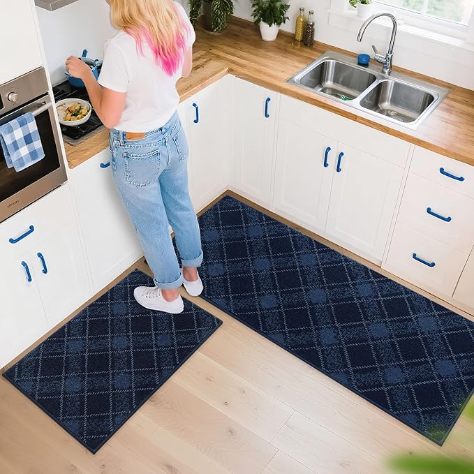 COSY HOMEER Kitchen Rugs and Mats Sets 2PCS Non-Slip Soft Kitchen Mats for Floor Absorbent and Stain Resistant Kitchen Floor Mat Washable Plaid Rugs for Kitchen,24"x36"+24"x60",Navy Blue