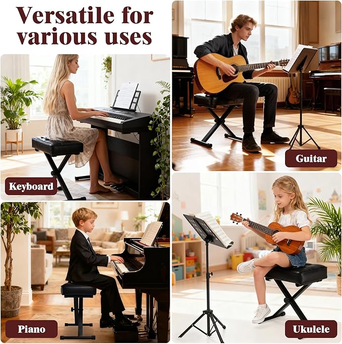 Adjustable Piano Bench Keyboard Bench - Foldable Keyboard Stool with Non-Slip Feet,3-Level Height Suitable for Adults&Kids,Classic Button Design,Premium PU Leather Cushion, Portable Piano Seat (Black)