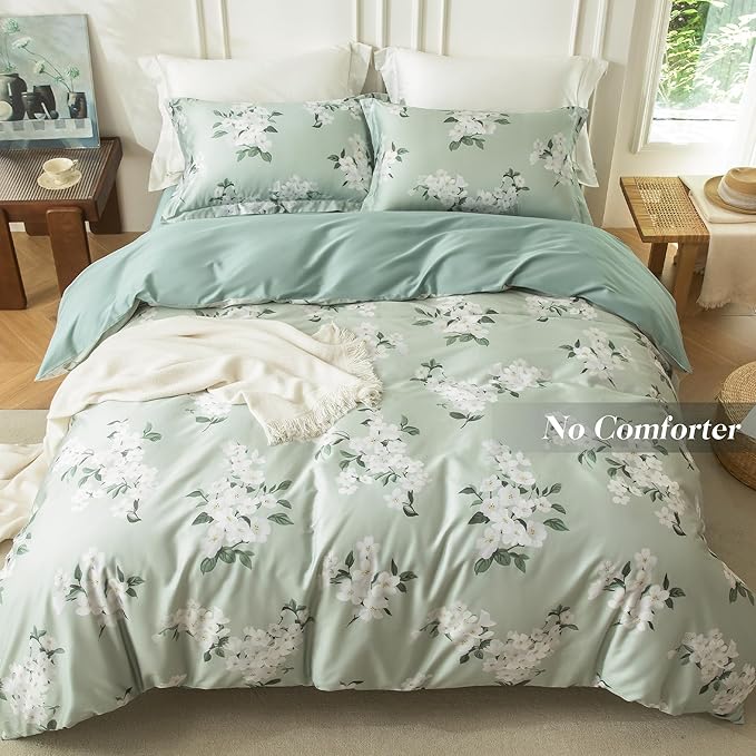 MILDLY Queen Size Duvet Cover Set 100% Long-Staple Cotton Luxury Sage Green Floral Patten Reversible Comforter Cover Set 3Pcs