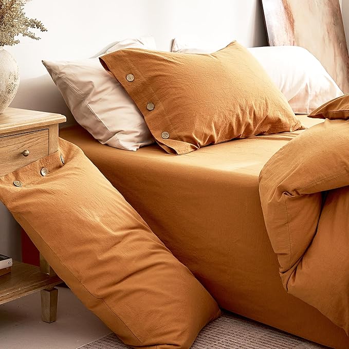 JELLYMONI 100% Washed Cotton Duvet Cover Queen – Soft, Breathable Linen-Look Bedding with Natural Wrinkle Texture, Button Closure, 3-Piece Set (Amber Orange, 90"x90")
