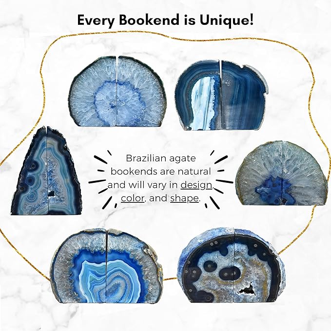 Nature's Decorations Agate Bookends - A Quality Blue Geode with Non-Skid Rubber Bumpers for Shelves, Office, Home Decor - Heavy Duty Cool Crystal Stone (2-3 LB)